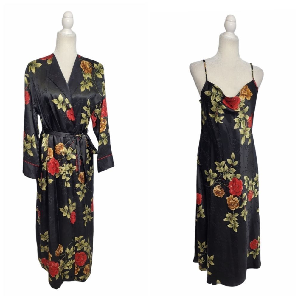 NEW VINTAGE 90s deadstock black‎ dark floral nightgown and robe M